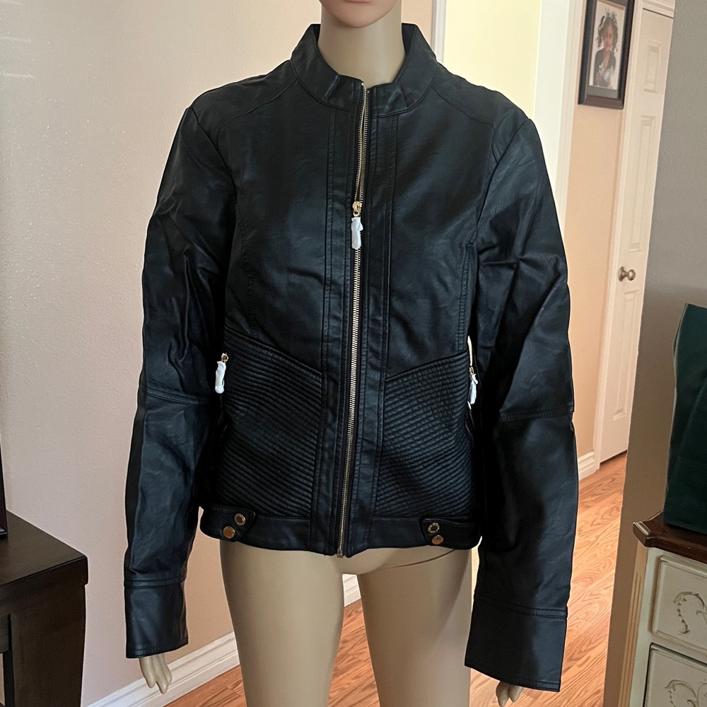 Women's Black Faux Leather Fitted Biker Jacket - Made by Johnny - Large - NWT